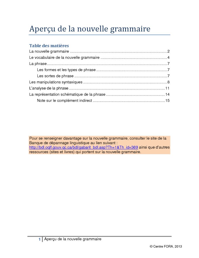 Aperçu de la nouvelle grammaire