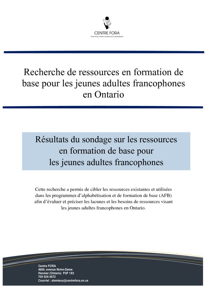 Recherche de ressources en formation de base pour les jeunes adultes  francophones en Ontario